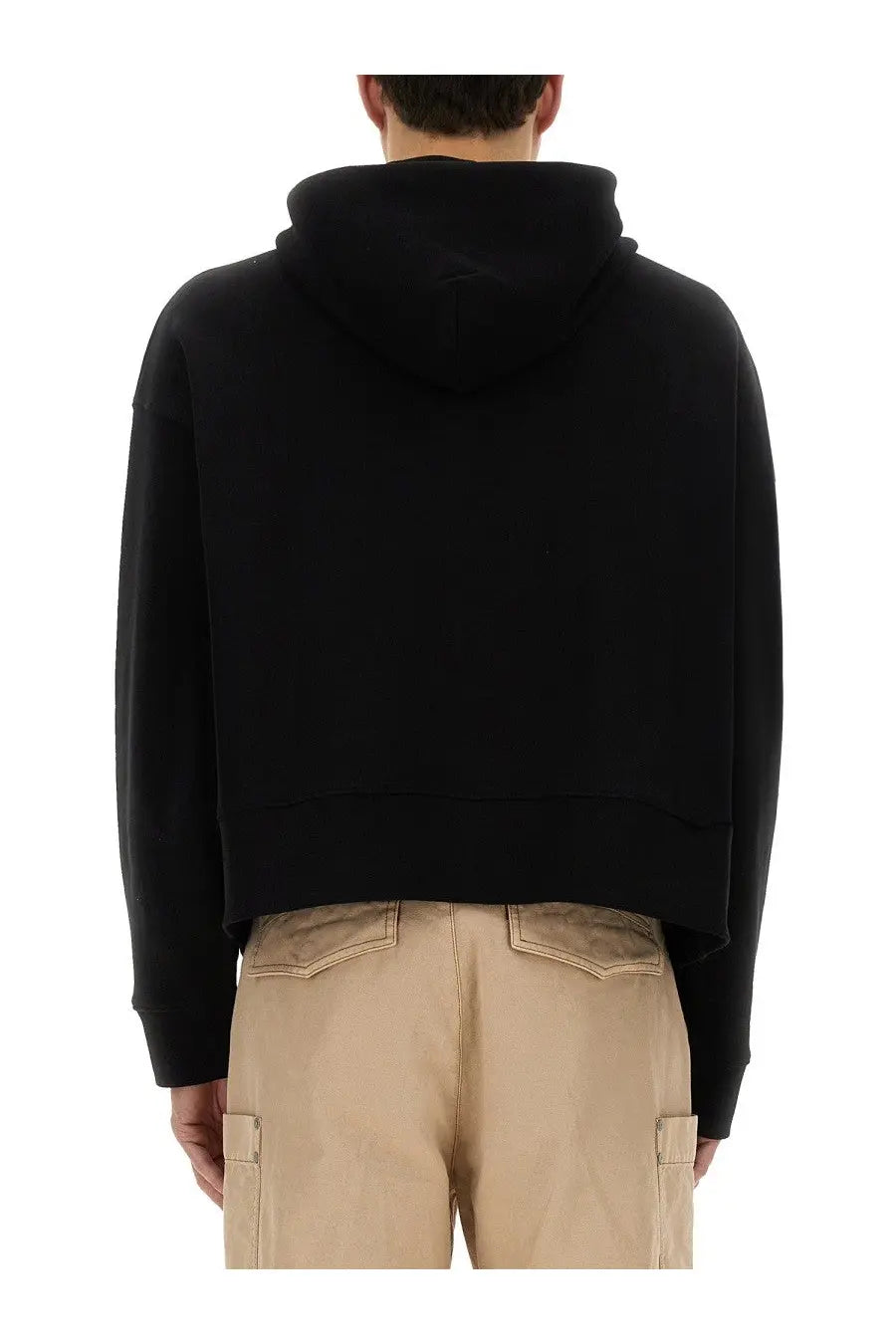 Palm Angels men’s black cropped hoodie with soft relaxed fit and subtle brand logo on the back side