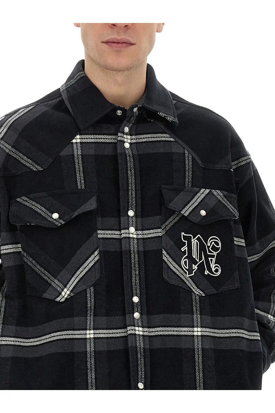 Black and white plaid flannel palm angels men’s monogram shirt grey with stylized m embroidery on chest pocket