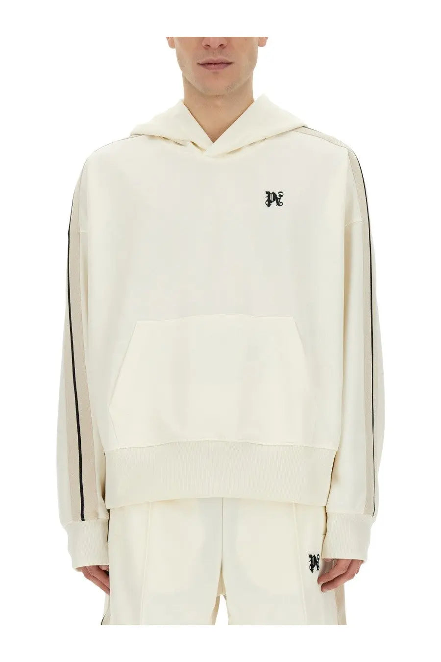 Cream-colored palm angels men’s monogram sweatshirt with black sleeve piping and small chest embroidered logo