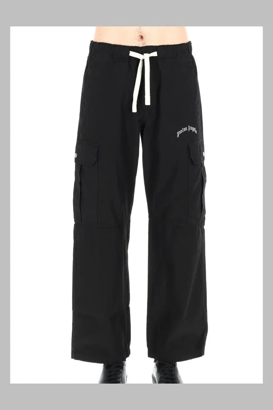 Palm angels men’s pantalone cargo curved black pants with white drawstring and embroidered logo on the thigh