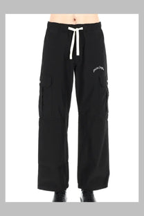 Palm angels men’s pantalone cargo curved black pants with white drawstring and embroidered logo on the thigh