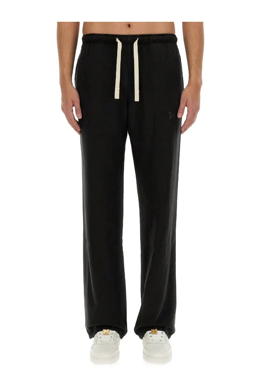 Palm Angels men’s black drawstring sweatpants with subtle embroidered logo on thigh and cream contrast drawstrings
