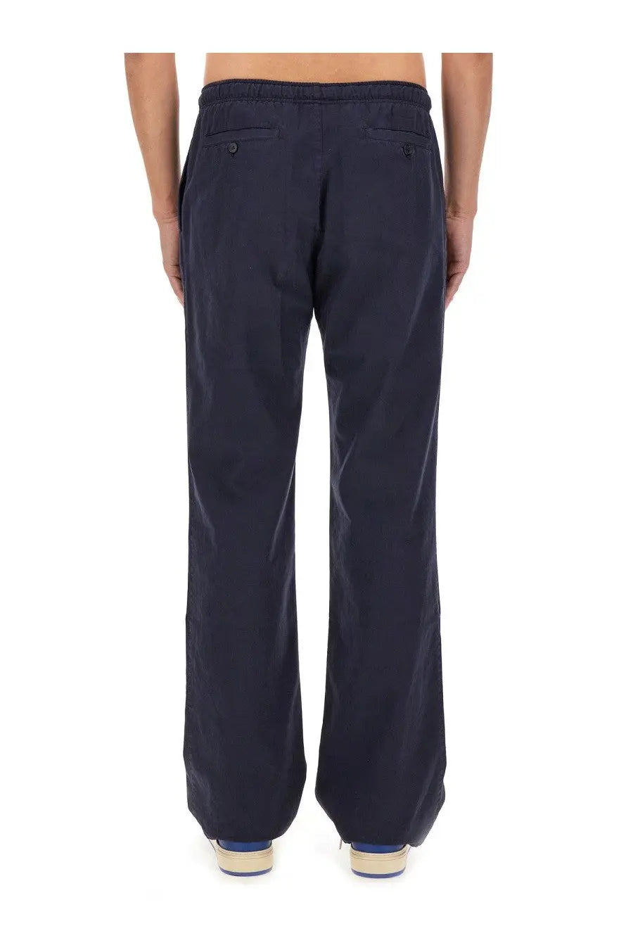 Back side of palm angels men’s dark navy blue wide-leg trousers with relaxed fit and buttoned back pockets