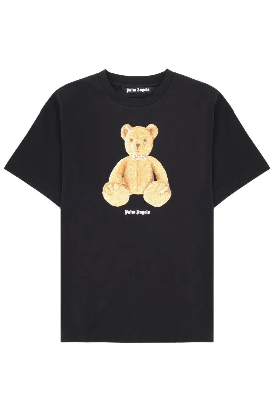 Black palm angels men shirt featuring a tan embroidered teddy bear graphic with white lettering on cotton fabric