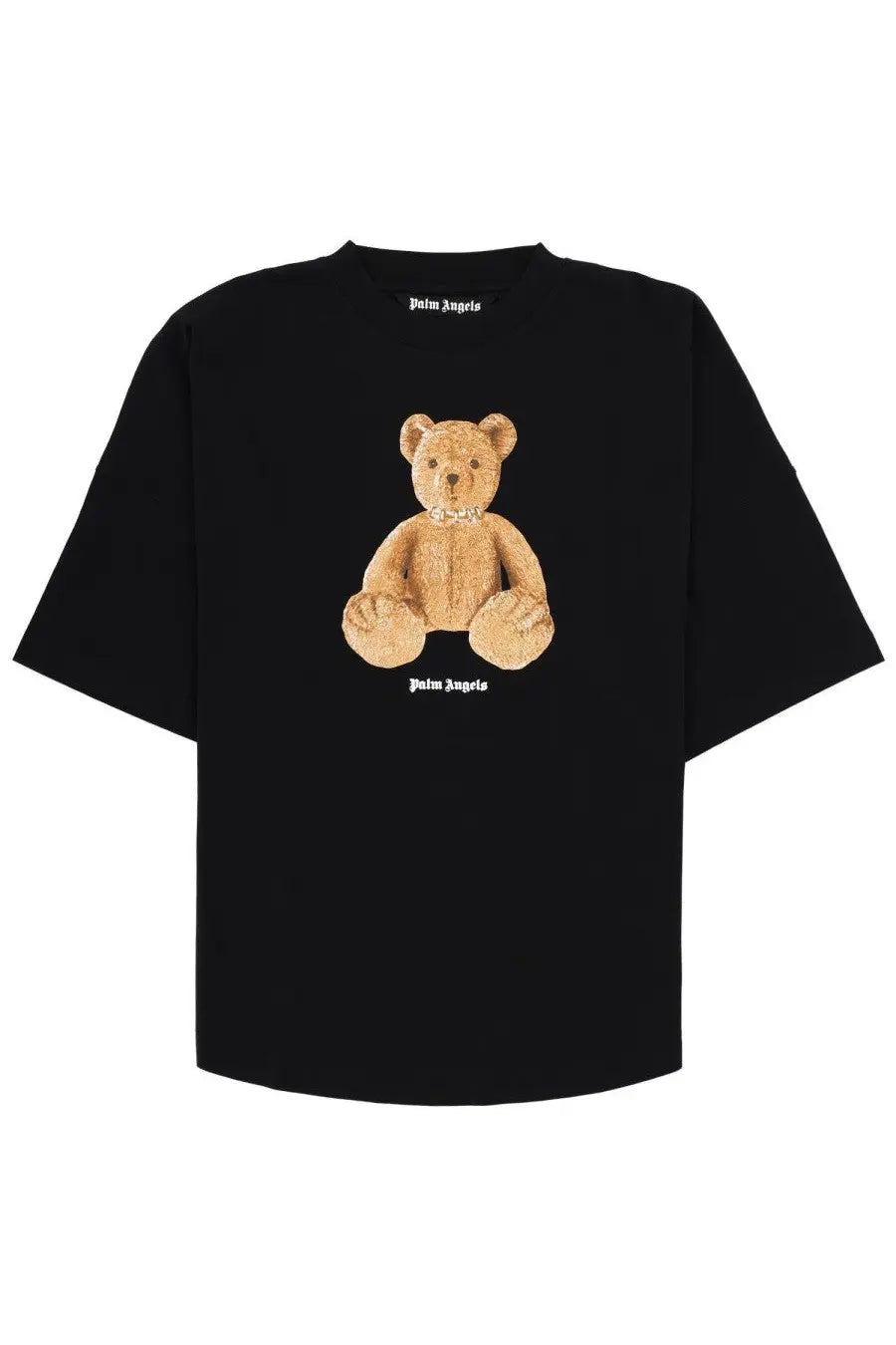 Black palm angels t-shirt featuring a tan teddy bear graphic with brand name printed above and below