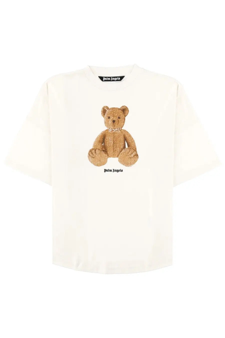 Cream-colored palm angels men’s t-shirt with brown embroidered teddy bear and brand name printed below