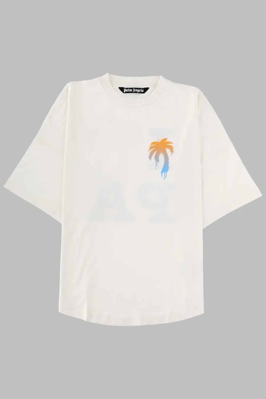 White palm angels men’s shirt in cotone white with gradient palm tree graphic and orange blue drips