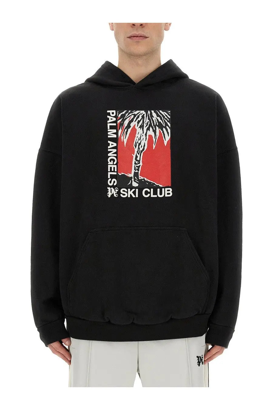 Palm Angels men’s black sweatshirt with bold red and white palm tree graphic on chest in ski club print design