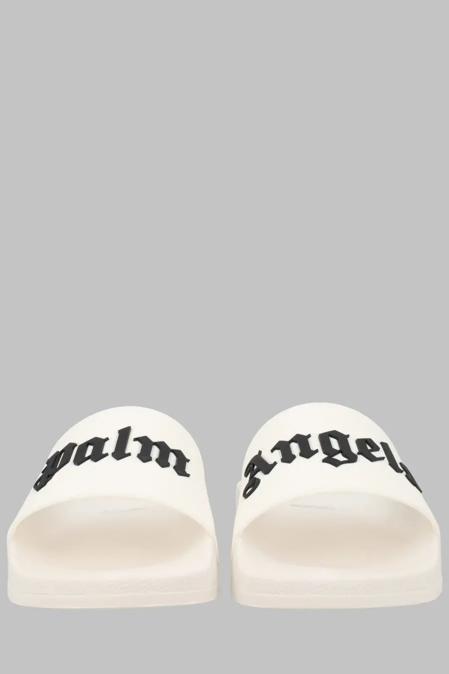 Palm angels men’s white slide sandals with black embroidered lettering on the upper strap