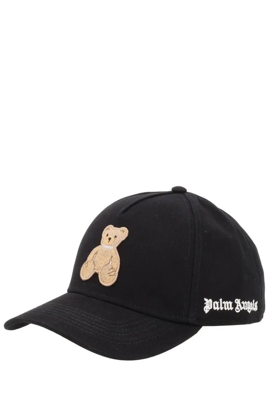 Palm Angels women’s black baseball cap featuring a beige embroidered teddy bear and white script branding