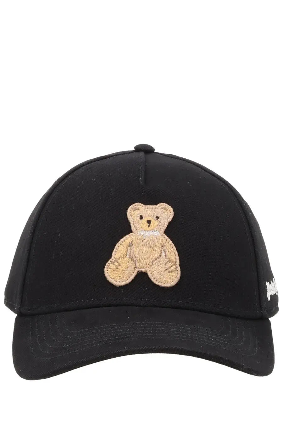 Palm Angels women’s black baseball cap with beige embroidered teddy bear patch on front for casual wear