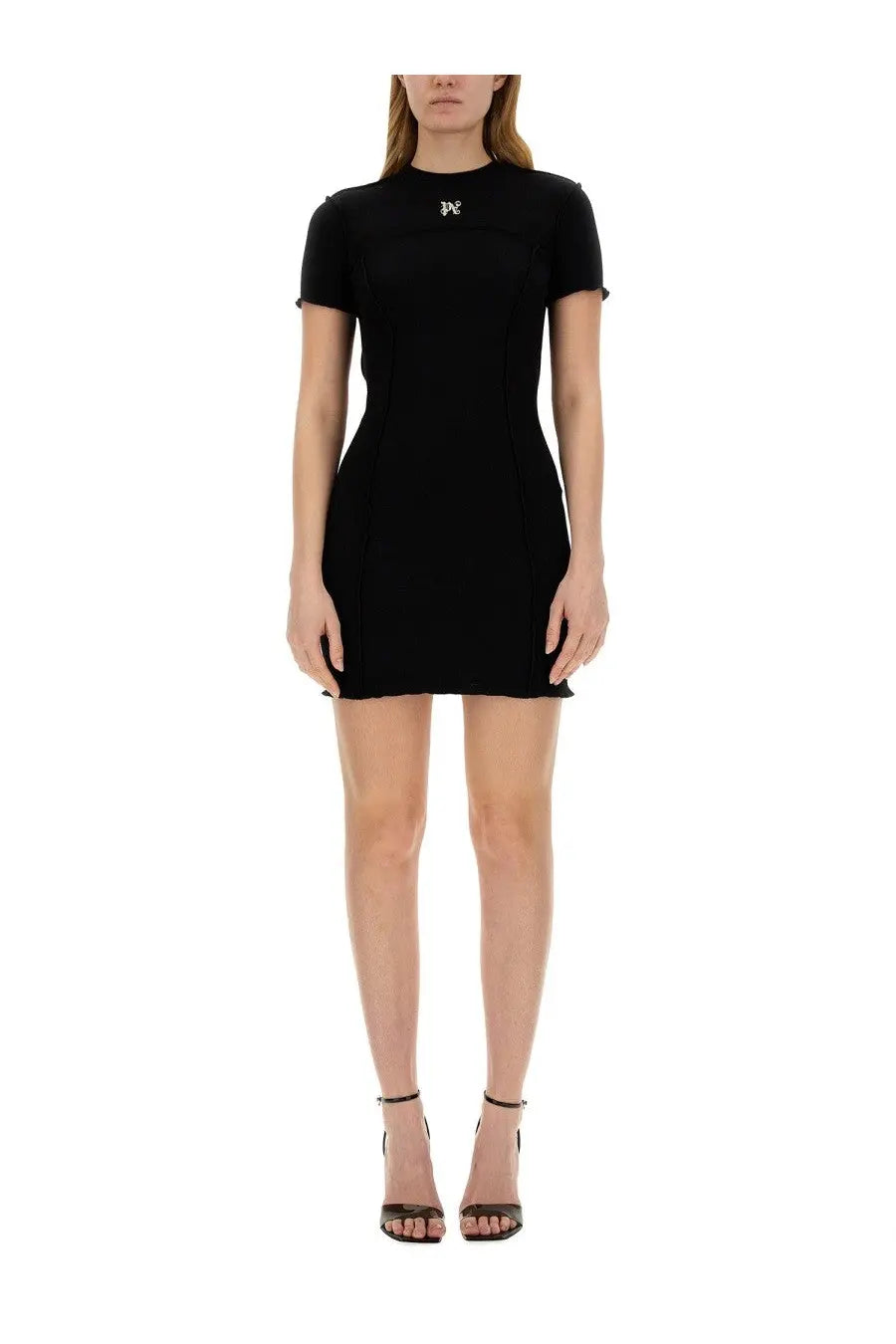 Palm angels women’s black short-sleeved mini dress with fitted silhouette and silver logo at neckline
