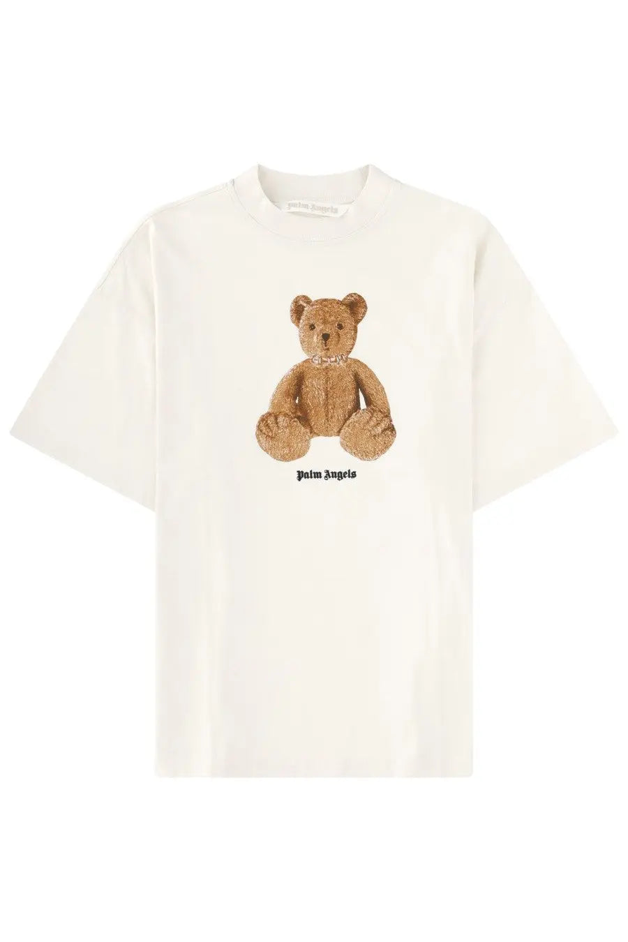 Cream-colored short-sleeved palm angels women shirt featuring a textured brown teddy bear graphic and logo print