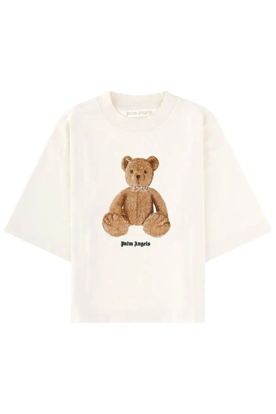 Cream-colored palm angels women shirt featuring a brown sequined teddy bear graphic with the brand name below