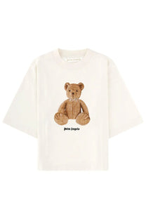 Cream-colored palm angels women shirt featuring a brown sequined teddy bear graphic with the brand name below