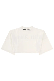 Off-white palm angels women’s cropped t-shirt with black embroidered logo at the neckline in cotton blend material