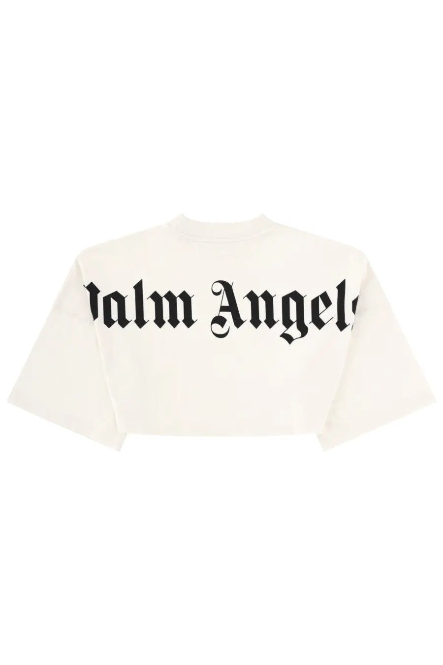 Off-white cropped t-shirt featuring bold black palm angels logo in gothic lettering on the back side