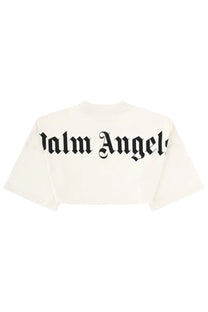 Off-white cropped t-shirt featuring bold black palm angels logo in gothic lettering on the back side