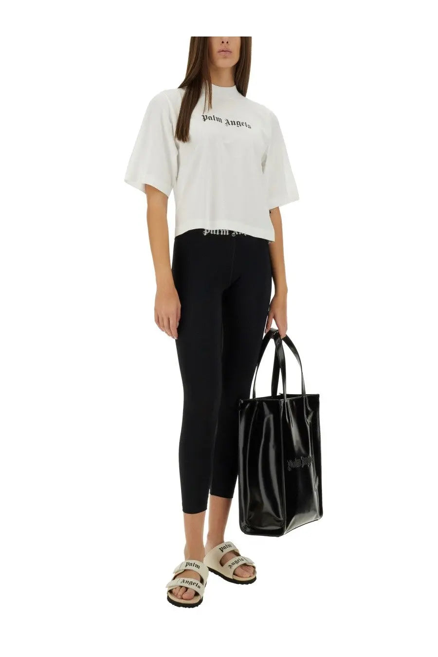 Black glossy leather tote bag with palm angels white logo perfect for stylish everyday use