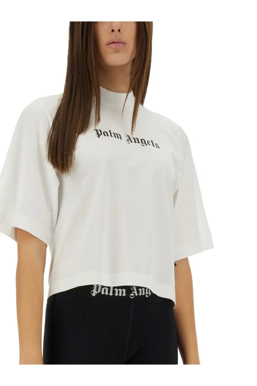 White palm angels cropped t-shirt with black embroidered logo on chest and waistband for women