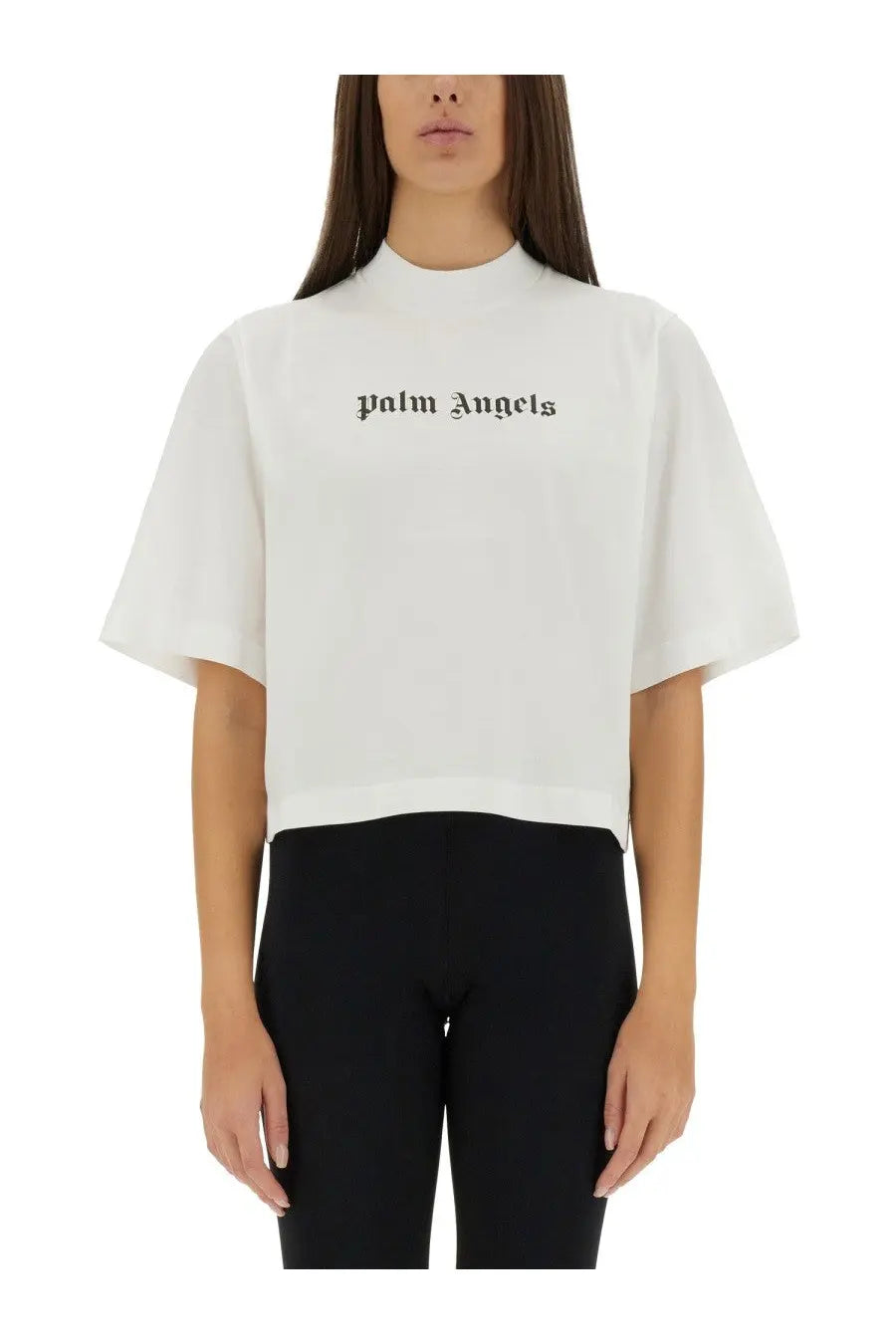 Palm Angels women’s white cropped t-shirt with short puffy sleeves and a high neckline in soft fabric