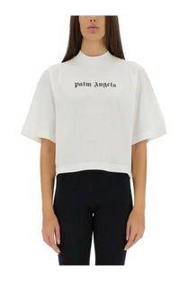 Palm Angels women’s white cropped t-shirt with short puffy sleeves and a high neckline in soft fabric