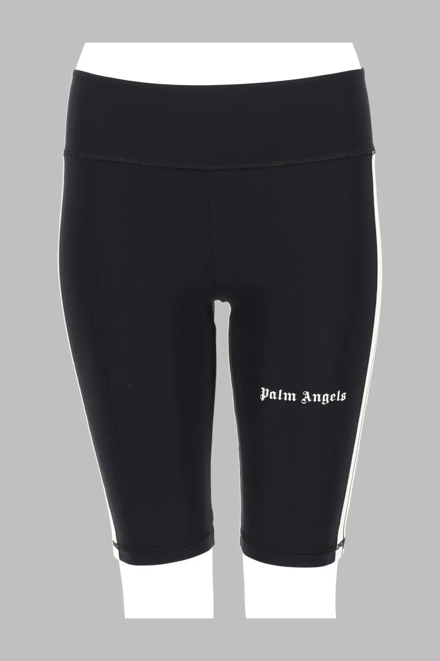 Black palm angels women’s bike shorts with white side stripes and high-waisted elastic waistband in con black