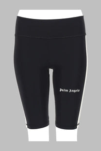 Black palm angels women’s bike shorts with white side stripes and high-waisted elastic waistband in con black