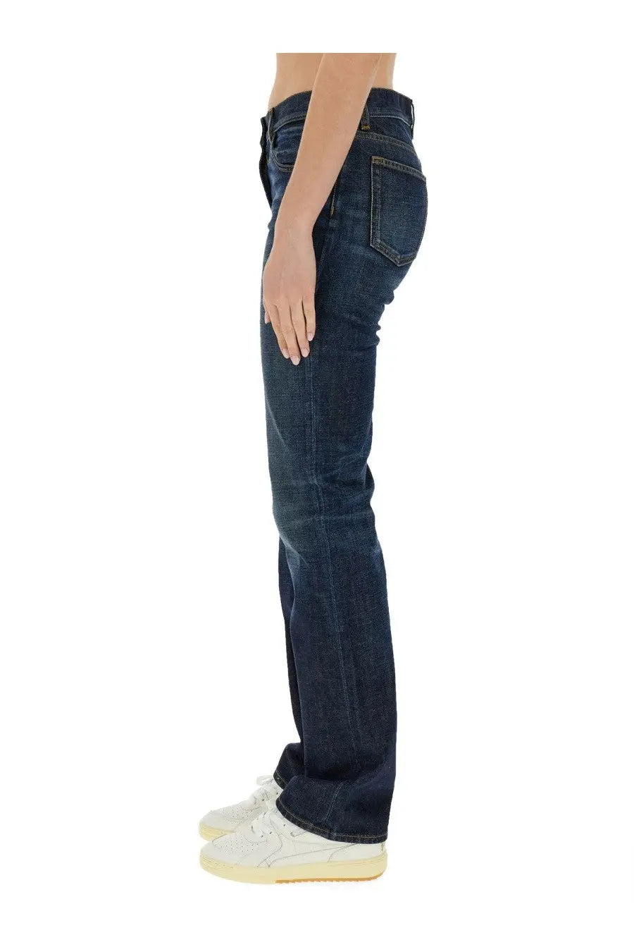 Palm Angels women’s straight leg jeans in dark indigo denim with classic five-pocket design