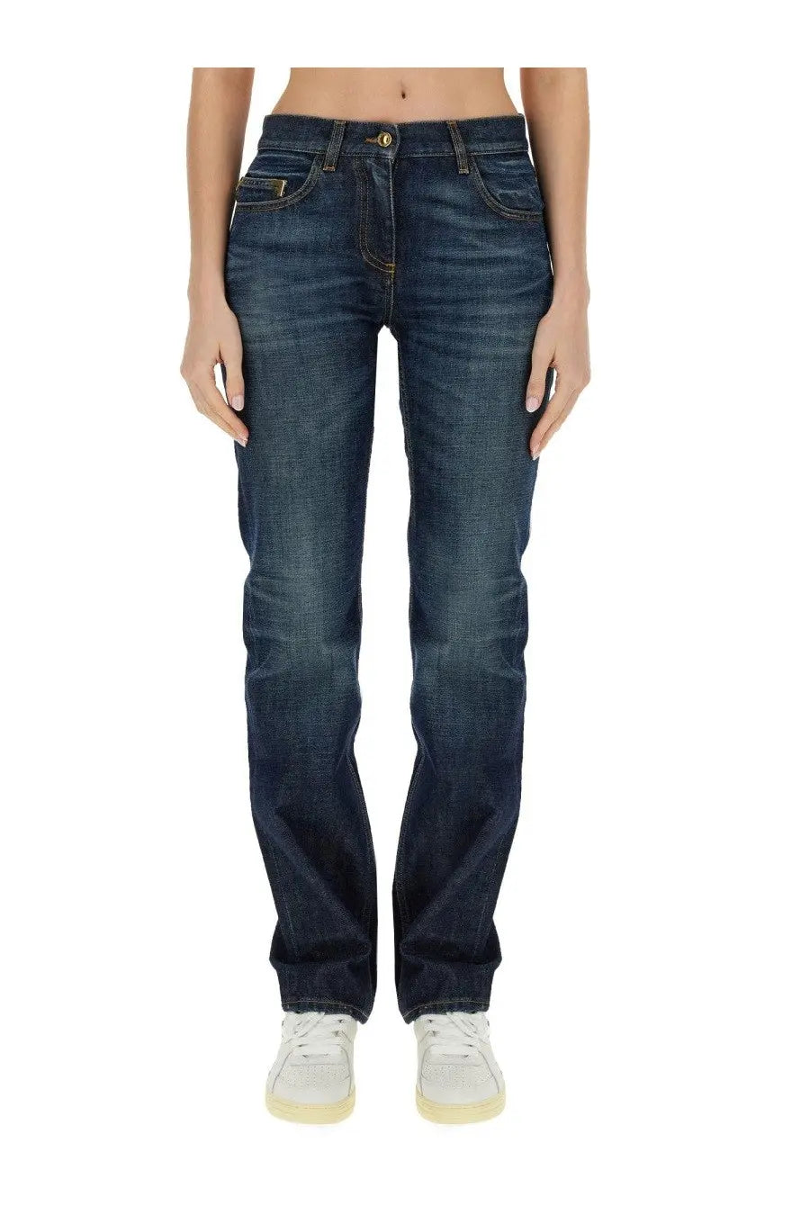 Palm Angels women’s straight leg dark-wash denim jeans with subtle fading and gold-tone hardware in blue