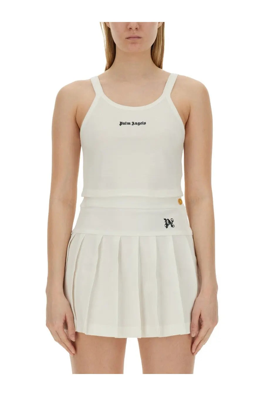 Cream-colored palm angels tennis skirt with pleated design and black embroidered logo for women