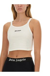 White cropped tank top with black palm angels logo embroidered across the chest for women