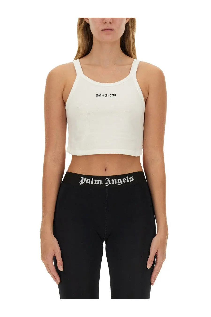 White cropped tank top with black palm angels logo embroidered across the chest for women