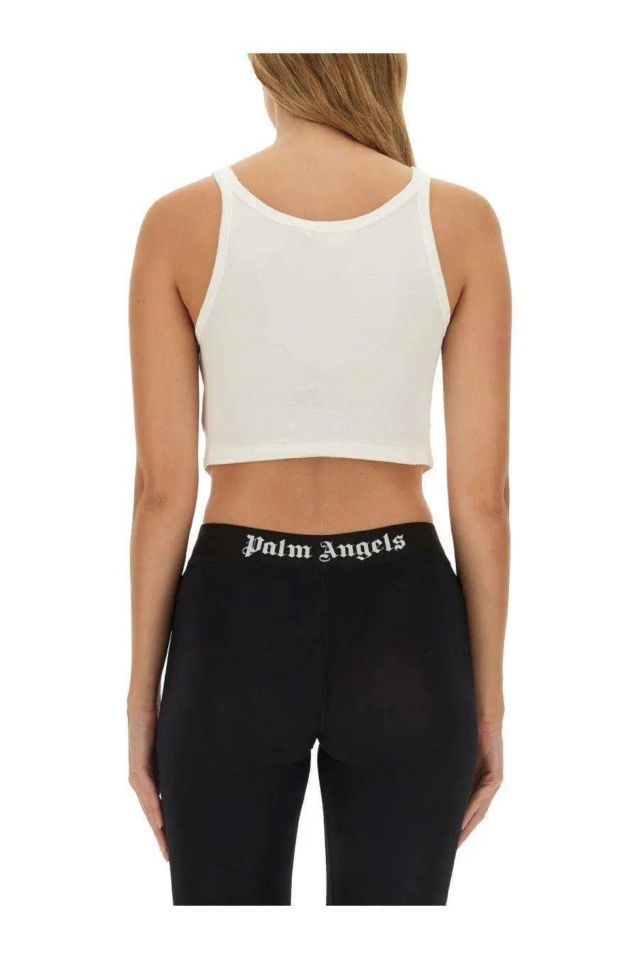 Palm Angels women’s white cropped tank top with round neckline and thin straps paired with black logo leggings