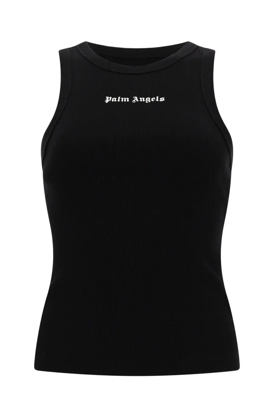 Black sleeveless tank top with white palm angels embroidery across the chest from palm angels women’s collection