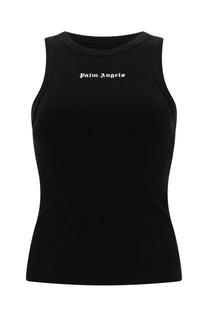 Black sleeveless tank top with white palm angels embroidery across the chest from palm angels women’s collection