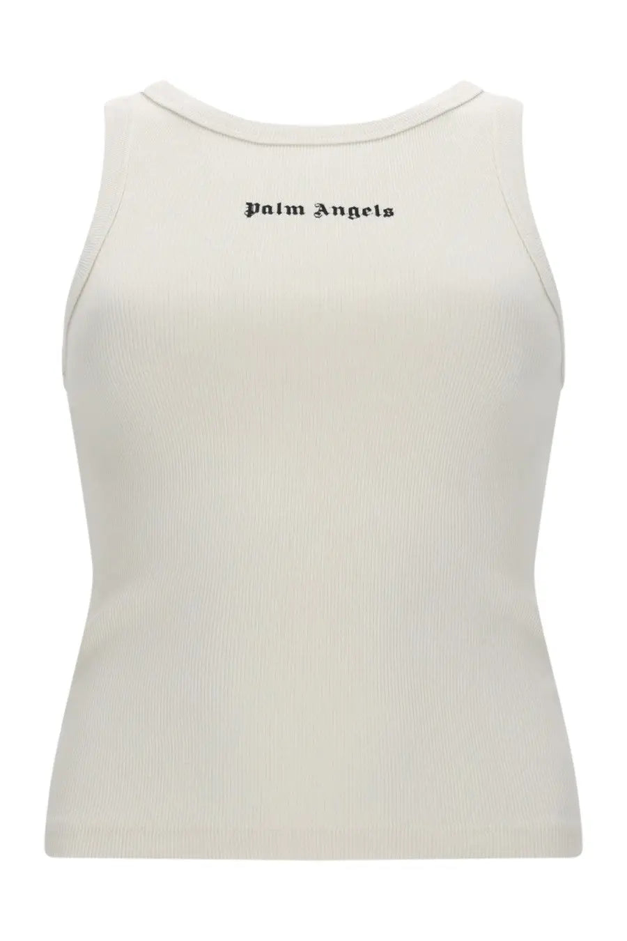 Back view of palm angels women’s cream ribbed knit tank top with black embroidered logo across upper back