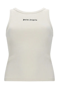 Back view of palm angels women’s cream ribbed knit tank top with black embroidered logo across upper back
