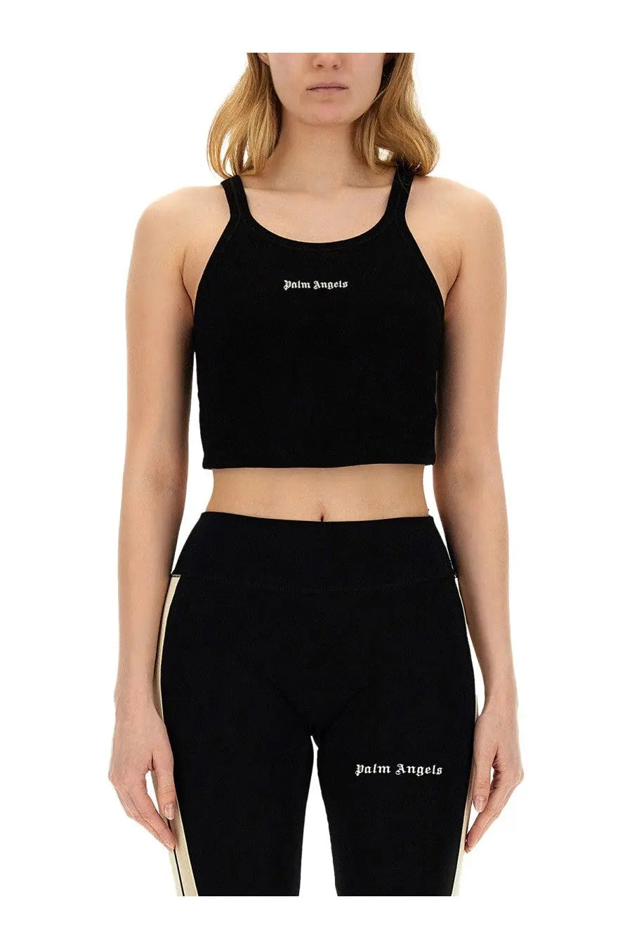 Black cropped tank top with white palm angels embroidery on the chest in palm angels womens tops black collection
