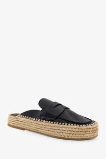 Black leather espadrille slip-on mule with woven jute sole from Paloma Barcelo women’s Belinda sandals collection