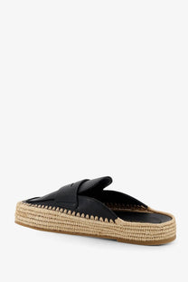Black leather espadrille slip-on mule with woven jute sole and stitched detailing from paloma barcelo womens sandals