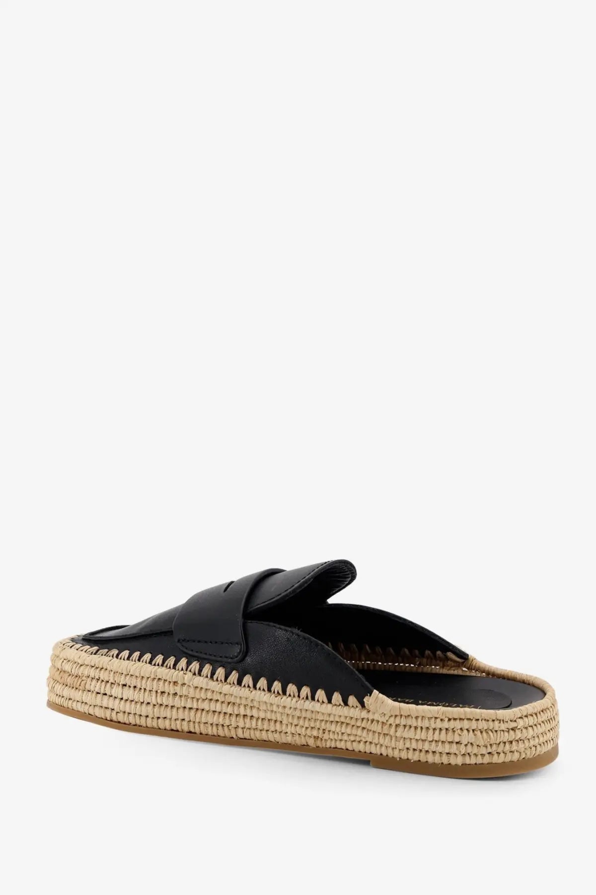 Black leather espadrille slip-on mule with woven jute sole and stitched detailing from paloma barcelo women’s belinda sandals