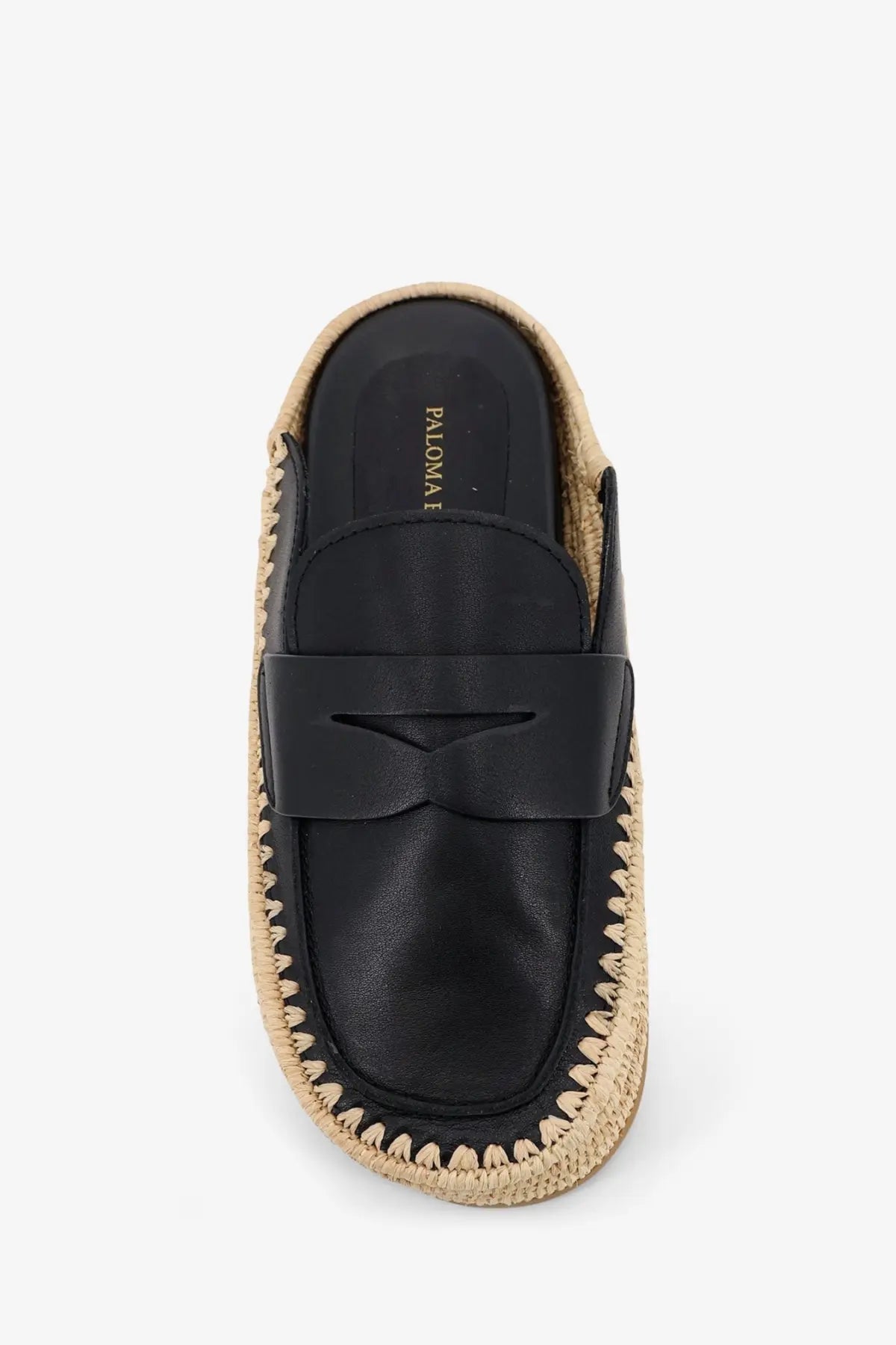 Black leather slip-on loafer with woven espadrille sole and bow detail from paloma barcelo women’s sandals collection