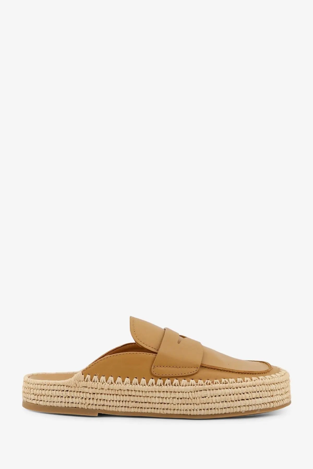 Tan leather slip-on mule with woven espadrille sole from paloma barcelo women’s belinda leather and raffia sandals yellow
