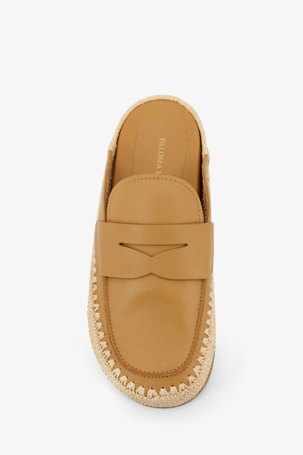 Tan leather espadrille loafer with woven jute sole and slip-on design from paloma barcelo women’s belinda sandals
