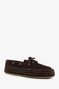 Brown suede espadrille loafer with woven jute sole and metal eyelets from Paloma Barcelo women’s Penelope collection