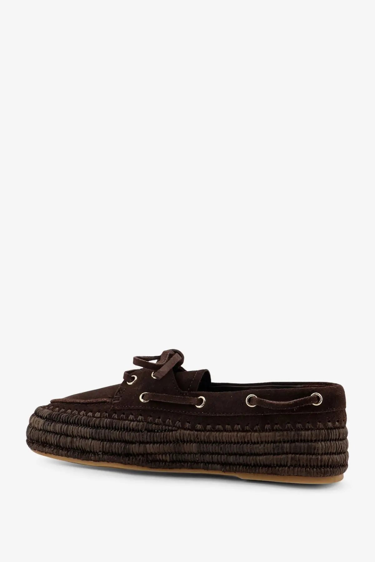 Brown suede espadrille shoe with woven jute sole and matching laces from paloma barcelo women’s penelope loafers brown