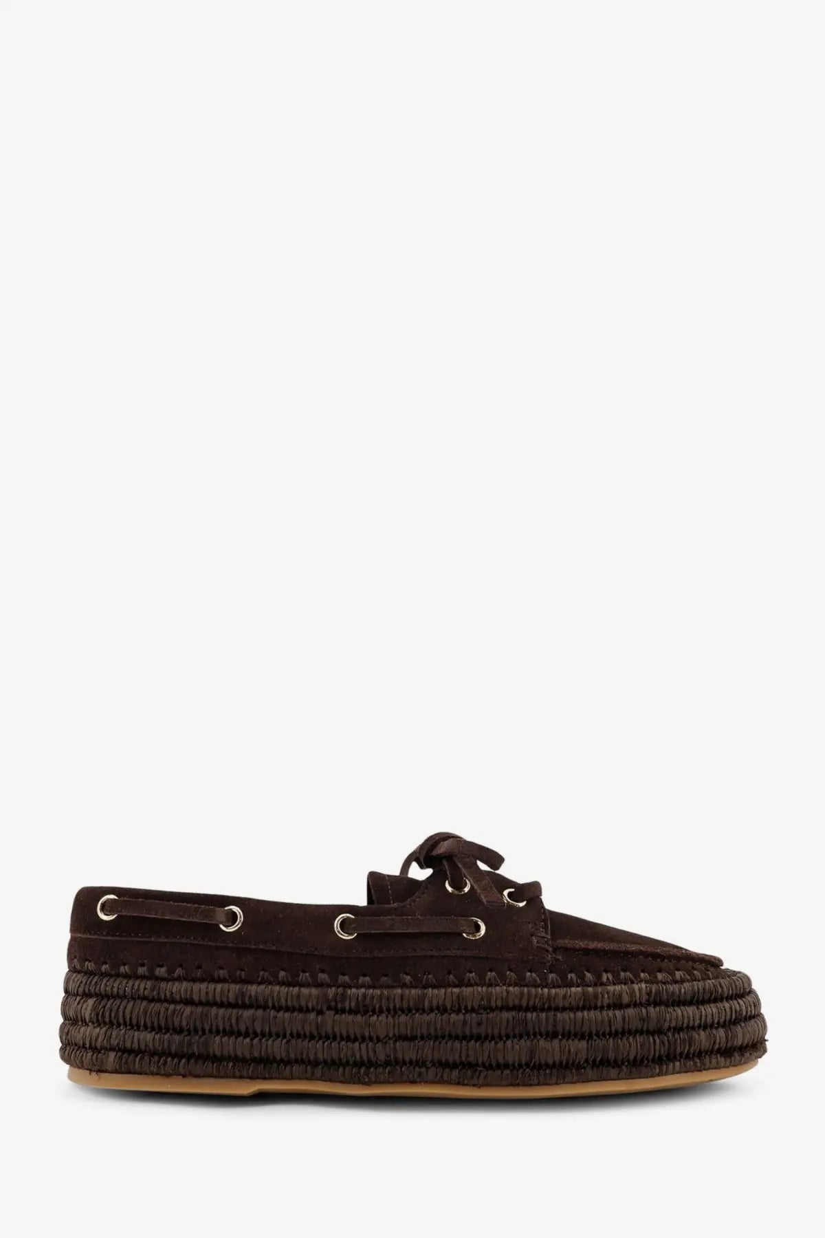 Paloma barcelo women’s penelope brown suede boat shoe with woven raffia espadrille sole and tied laces