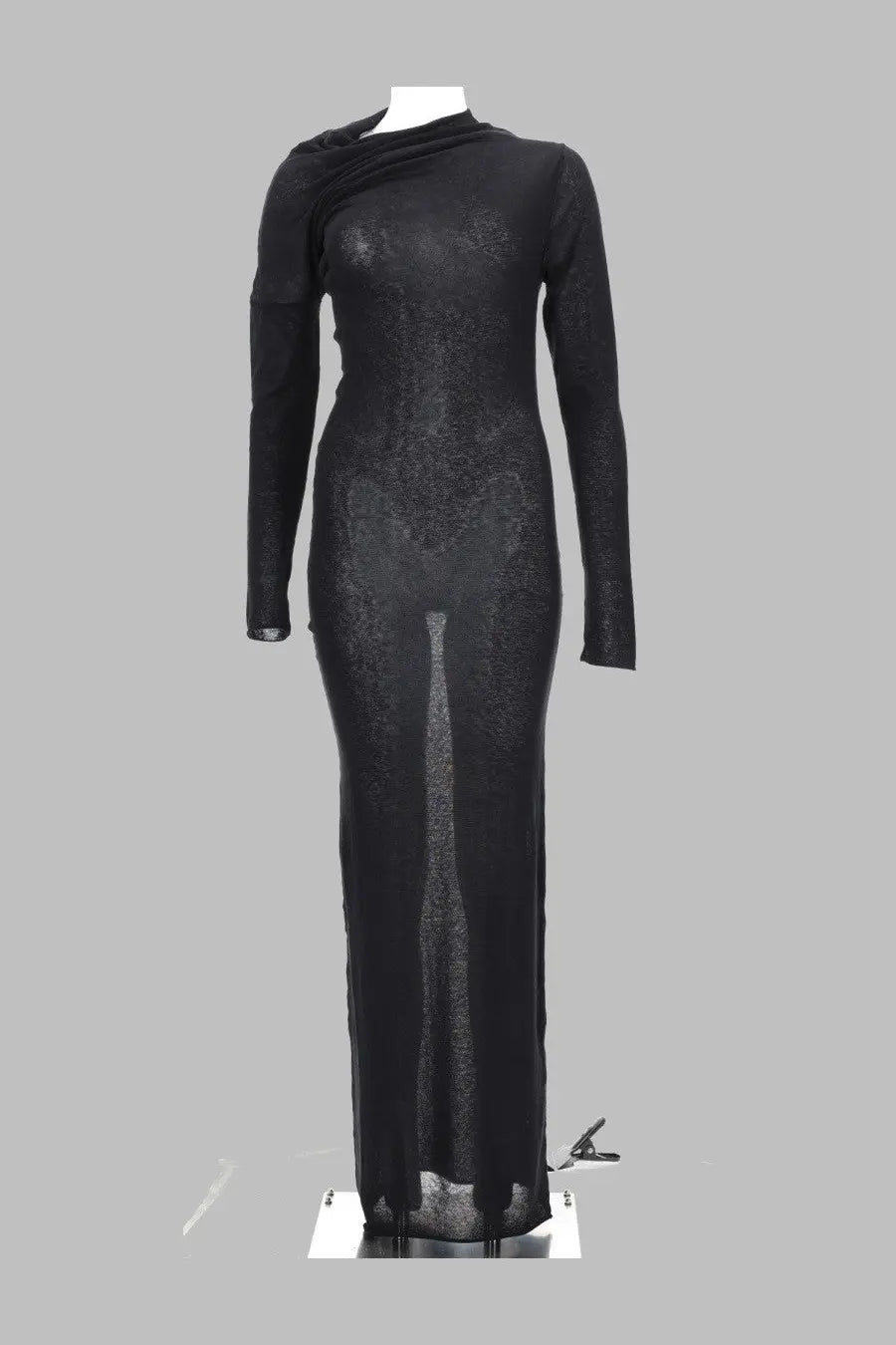 Paloma Wool women’s abito jojo black black lace long-sleeved gown with draped asymmetrical neckline and sheer mesh overlay
