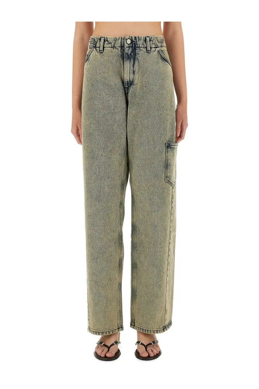 Paloma Wool women’s wide-leg jeans in faded greenish-blue denim with distressed detailing and cargo pocket on thigh
